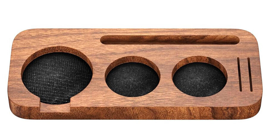 Solid natural wood barista organizer bar with docked espresso tools